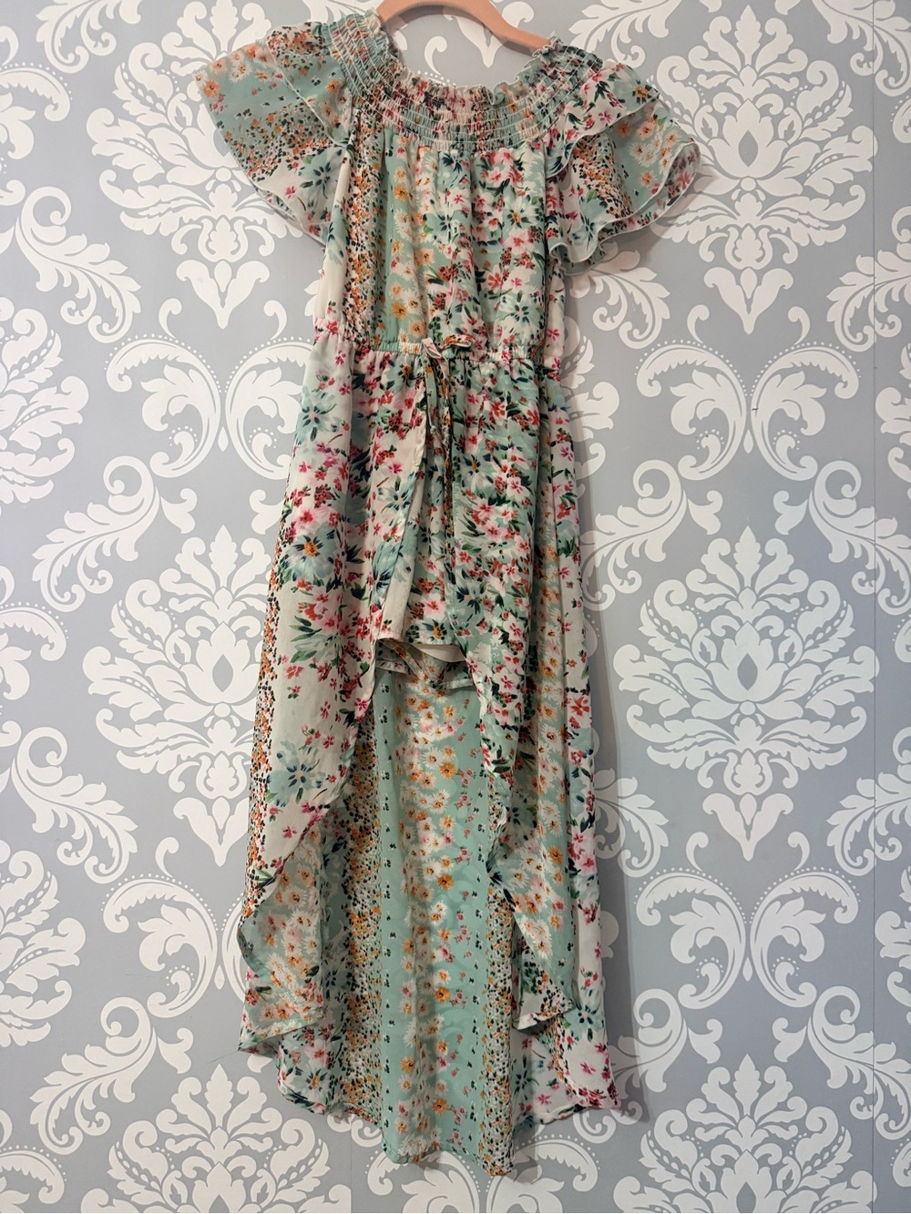 🌿2/$25 • Japna Kids Floral Off-Shoulder Hi-Lo Maxi Dress in Mint Green